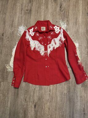 H Bar C California Ranchwear Taos Fringe Red Shirt Pearl Snap Large L